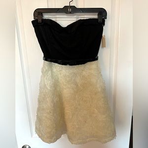Classy black tube dress w/ cream chiffon skirt w/ rose detail & think black belt